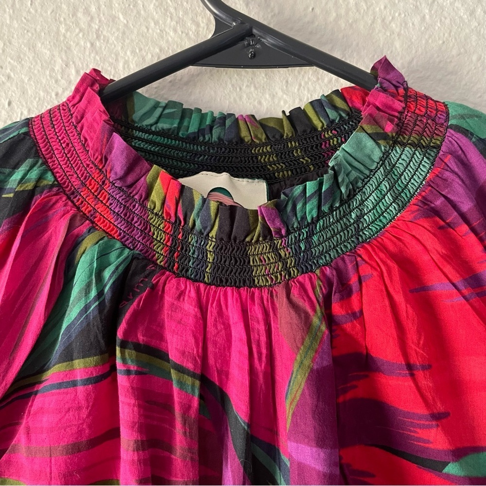 FARM Rio Midnight Leaves Mini Dress Women’s S Smocked Ruffle Puff Sleeve Cotton - Picture 5 of 16